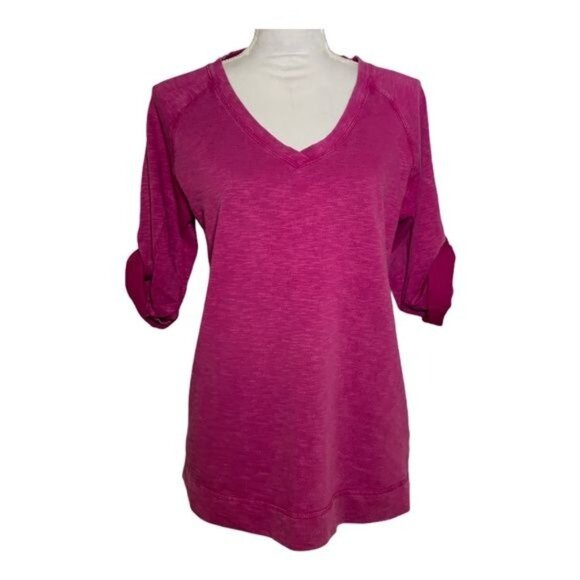 Orvis Cotton V Neck Tunic Sweatshirt Purple Pink Small Casual 3/4 Sleeve - Picture 1 of 8